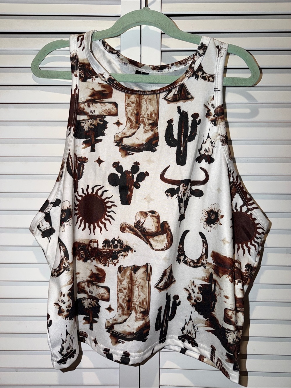 SHEIN White & Brown Western Print Sleeveless Tank Top